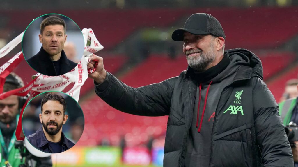 Jurgen Klopp with the Carabao Cup trophy and inset potential Liverpool successors Xabi Alonso and Ruben Amorim