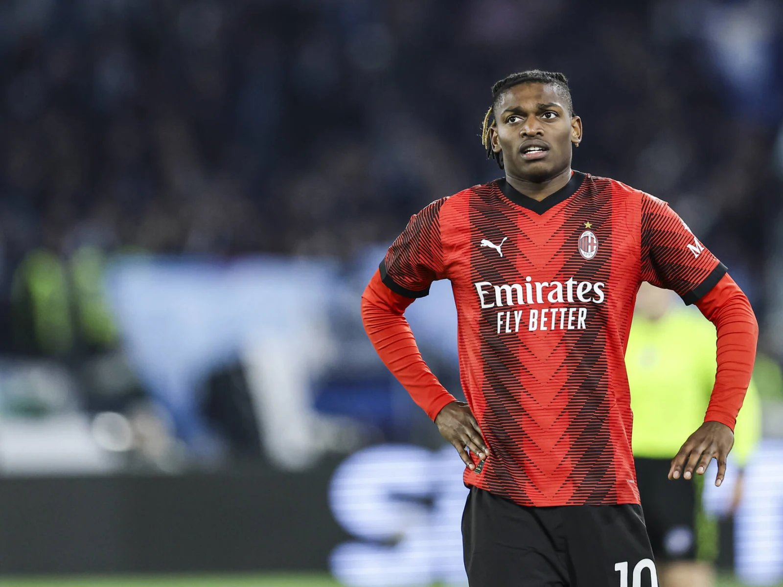 milans portuguese forward rafael leao looks