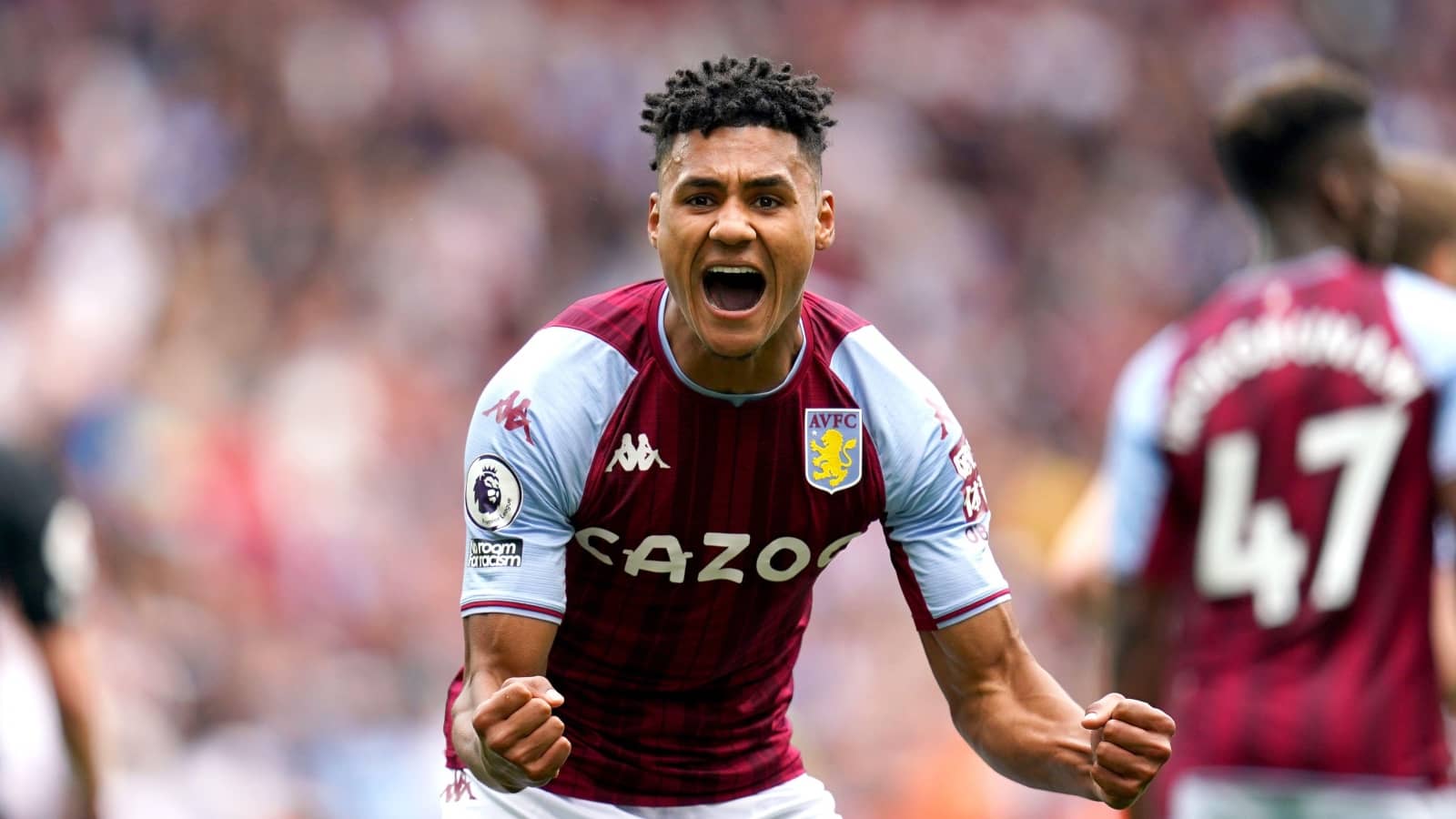 ollie watkins celebrates giving aston villa the lead in premier league game at villa park